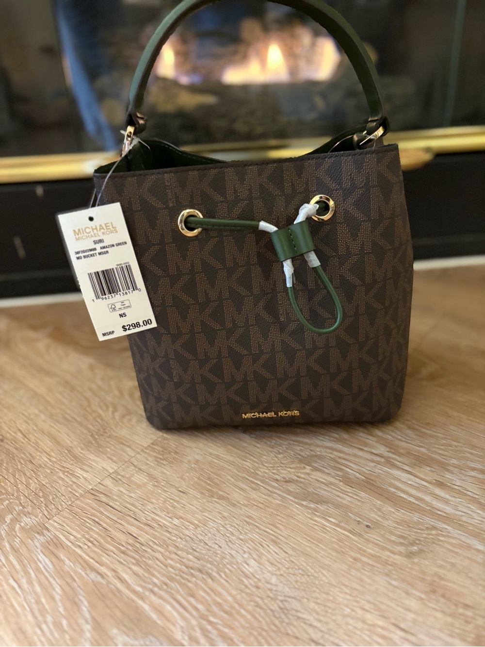Michael Kors Brown Signature Logo Bucket Bag with Green Trim